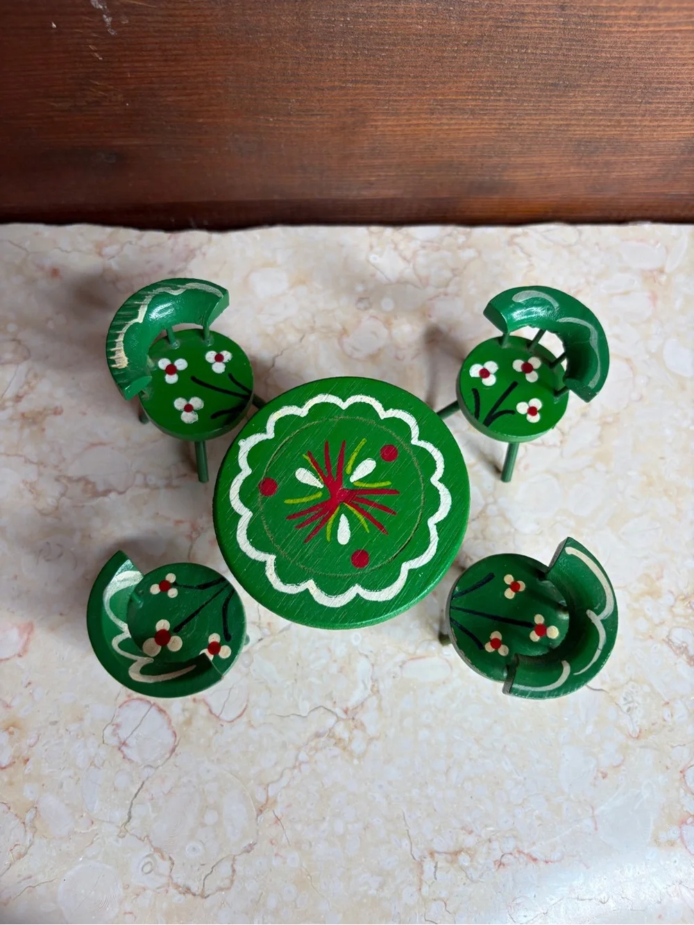 Vintage Miniature Dollhouse Wood Hand Painted Round Table & Four Chairs